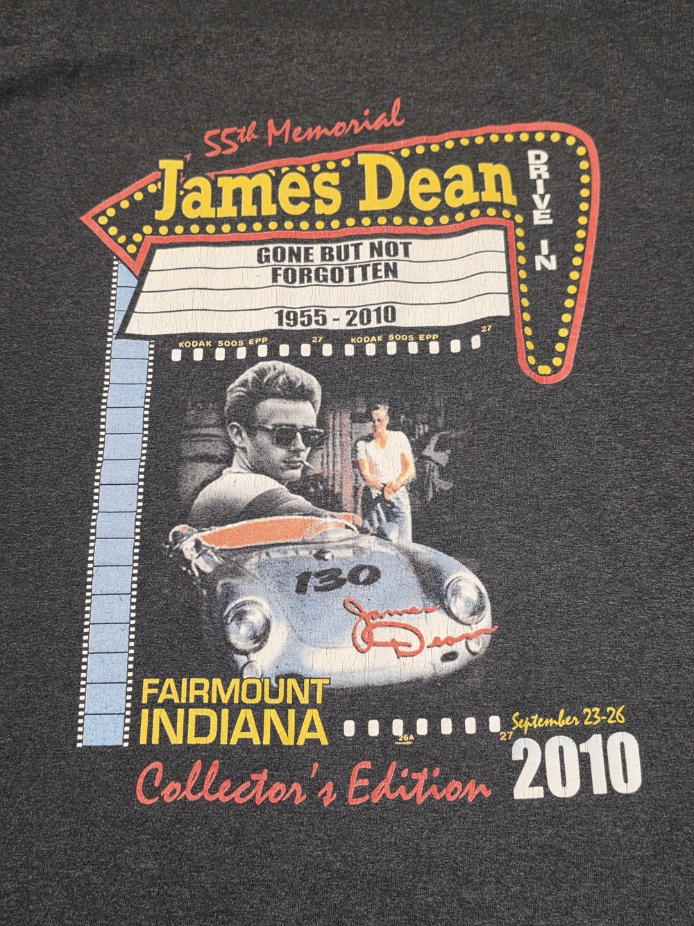 Hanes James Dean Memorial Graphic Tee - Dark Gray with Yellow, Red, Blue, White